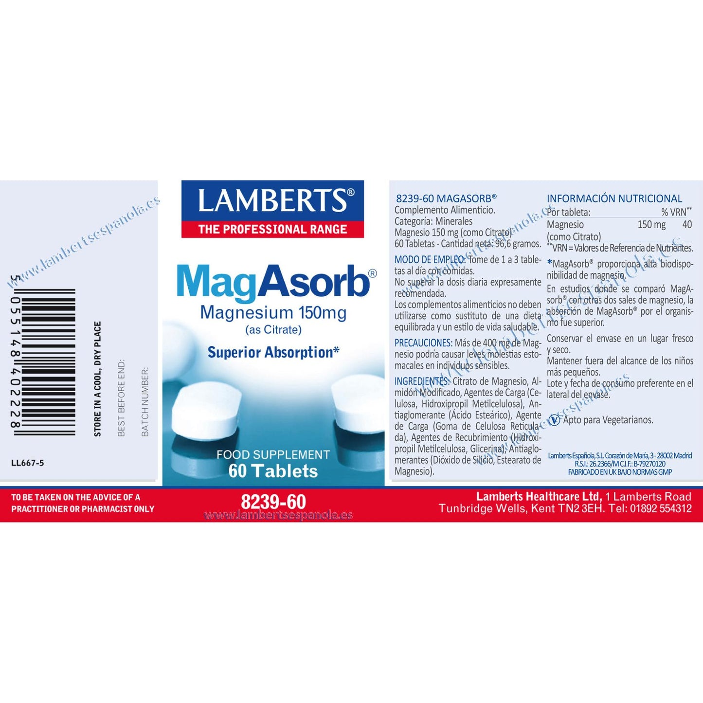 MagAsorb Magnésio Biodisponível - Lamberts, 60 Comprimidos