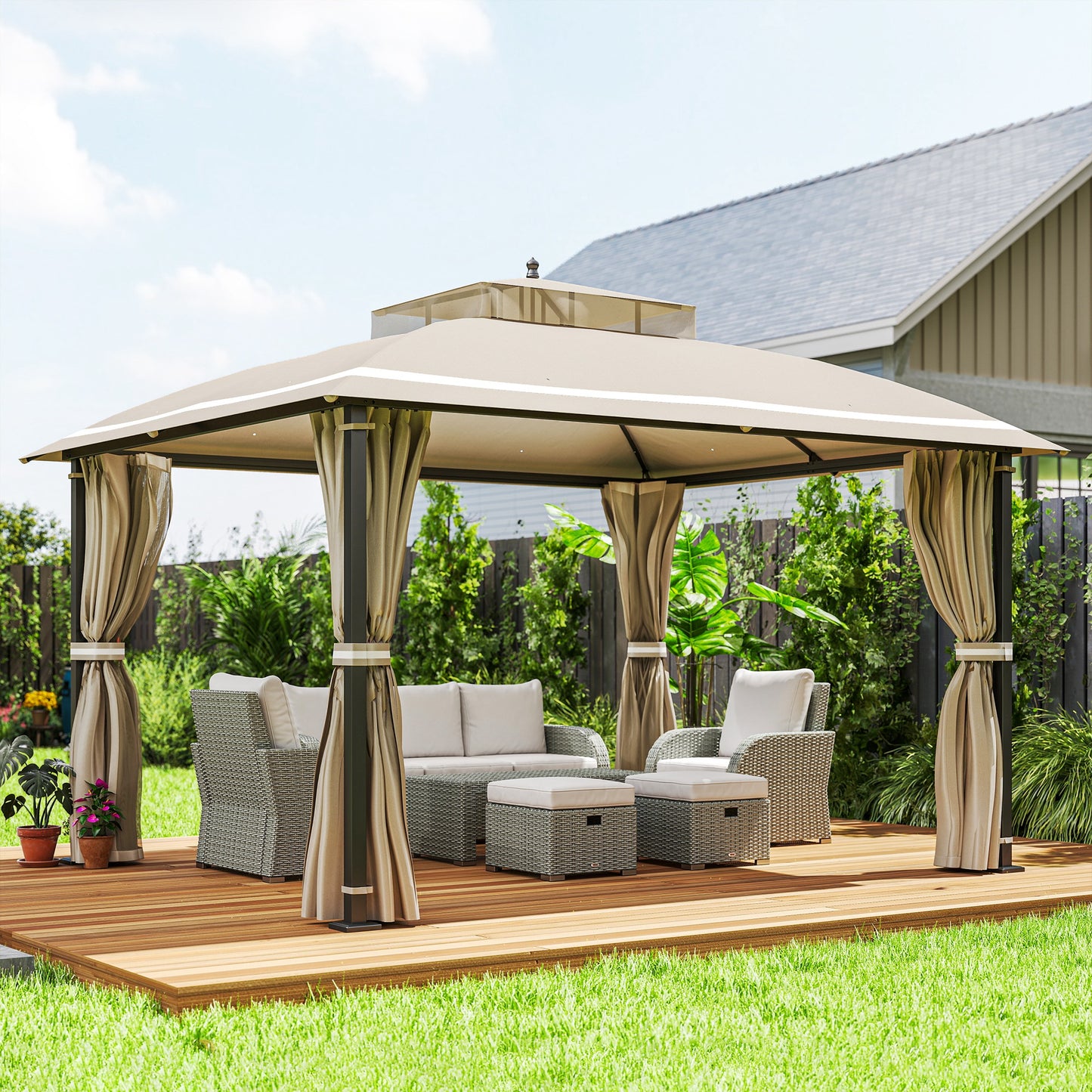 Outsunny Cenador Para Jardín 3,7x3 M Con Paredes Laterales Mosquiteras Beige_1