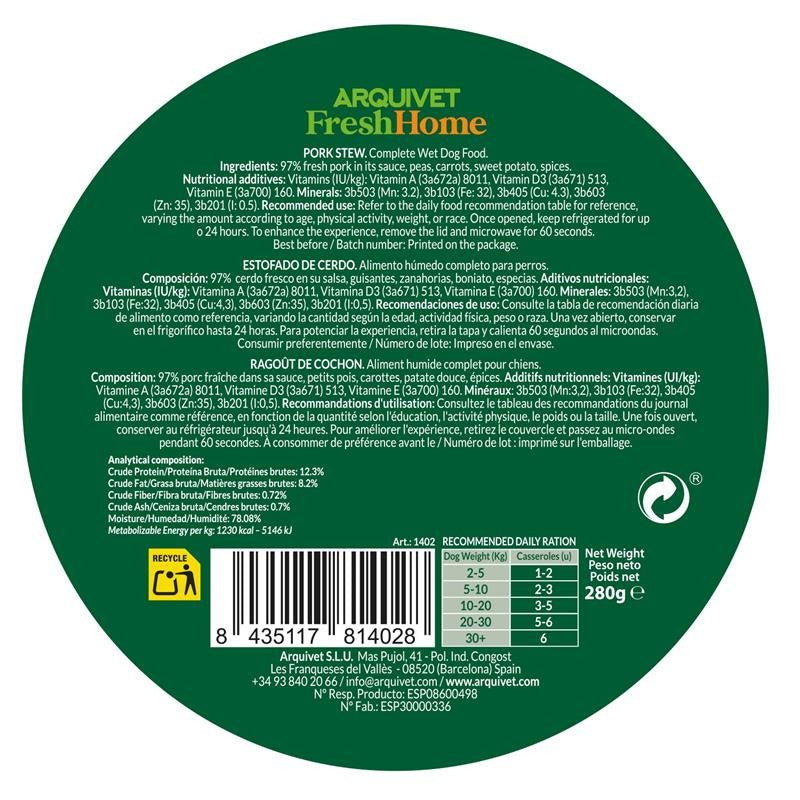 Arquivet Fresh Home Pork Stew Alimento húmedo de cerdo para perros 280 g