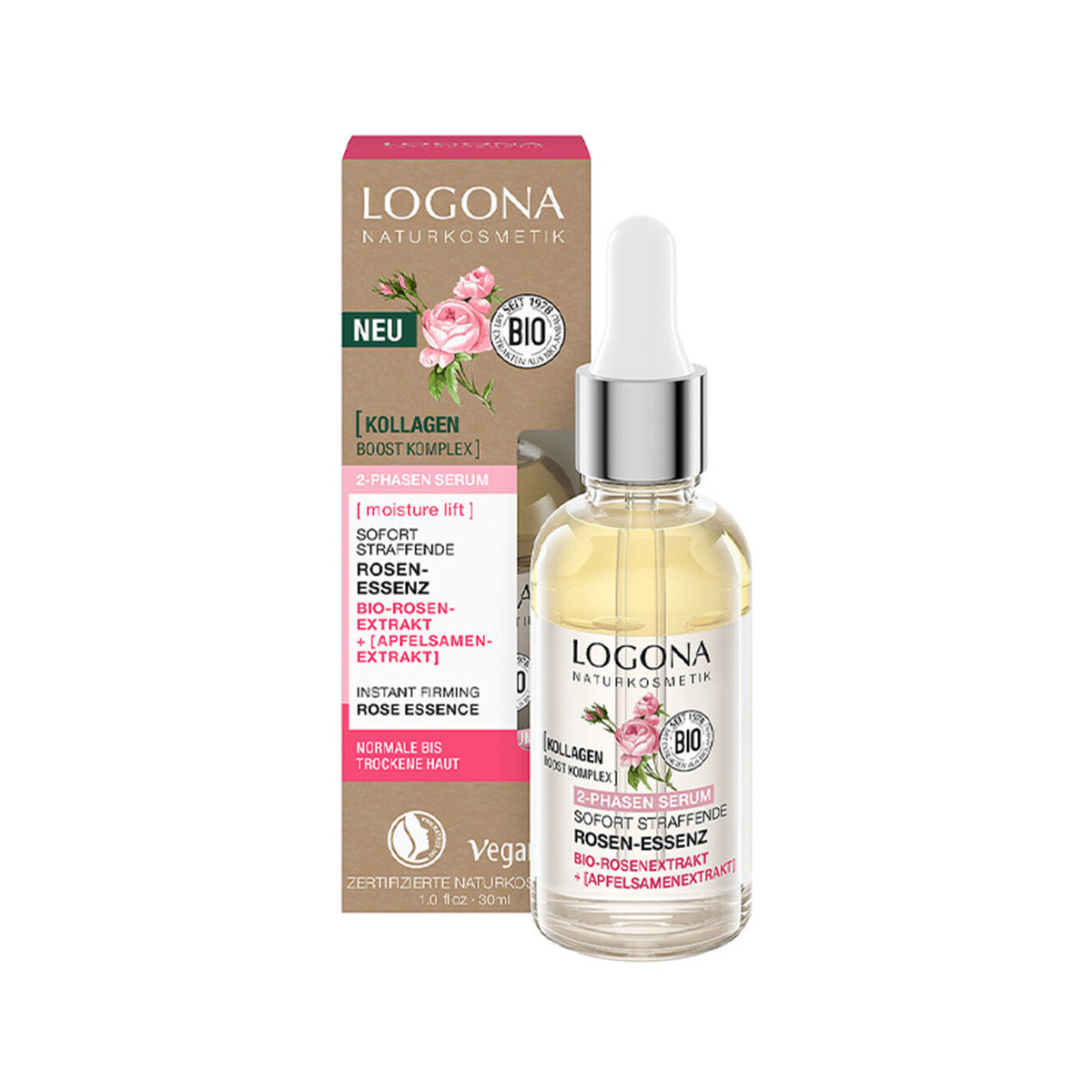Logona Instant Firming Biphasic Serum com Rosas Biológicas e Sementes de Maçã, 30ml