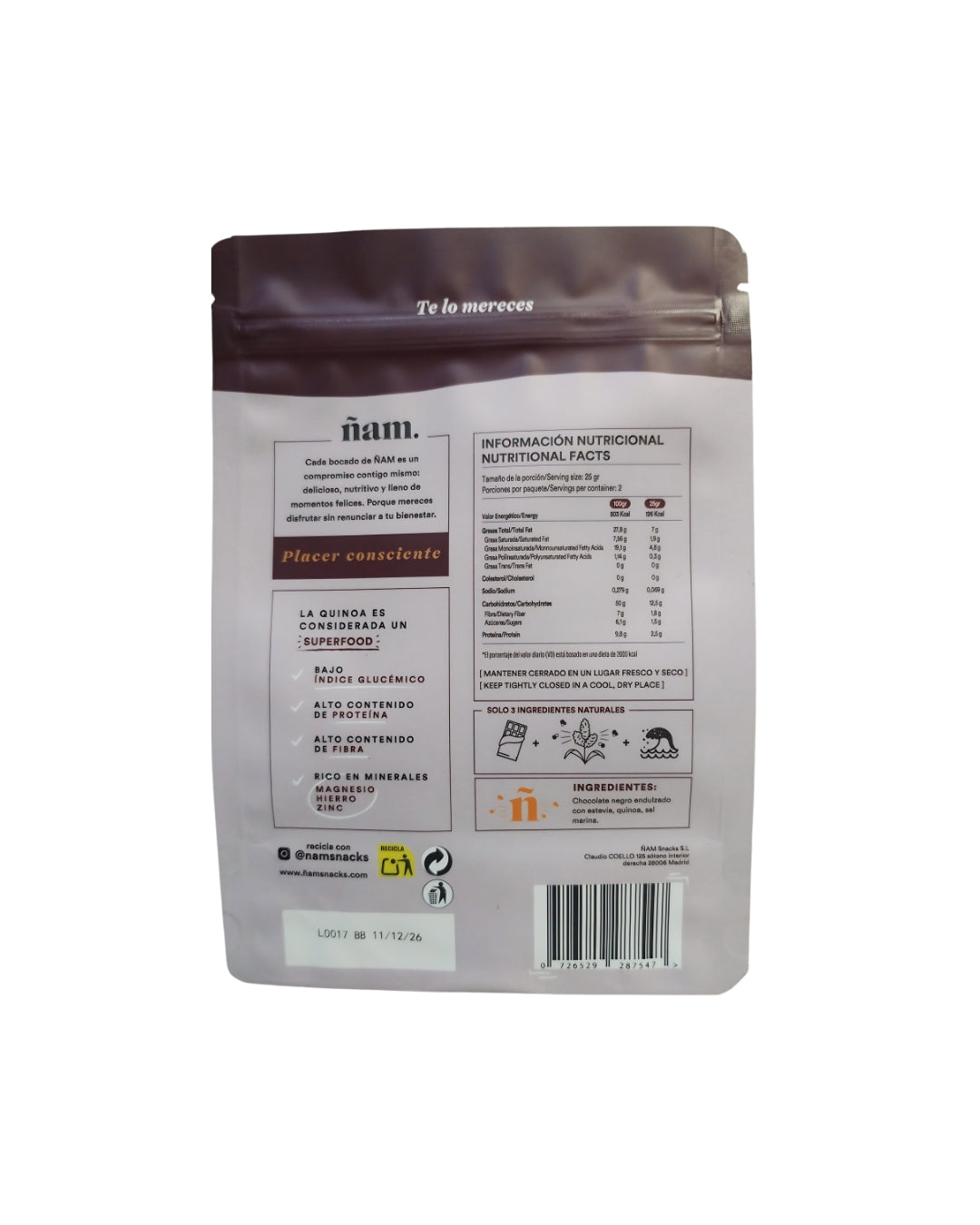 Snacks de Quinoa con Chocolate Negro Con Sal Marina Quinoa Bites  50 g