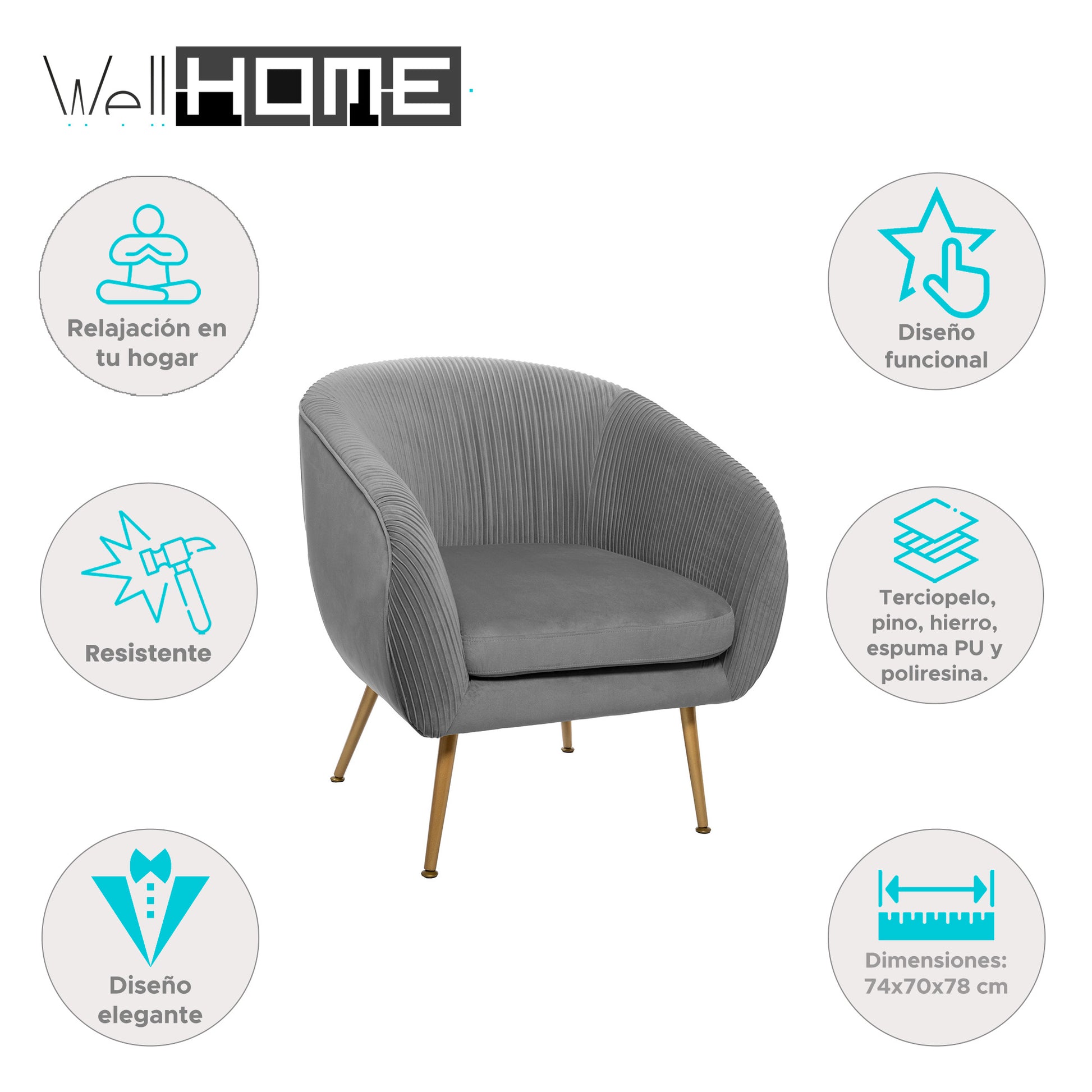 Well Home - Sillón solaro De Terciopelo Gris_1