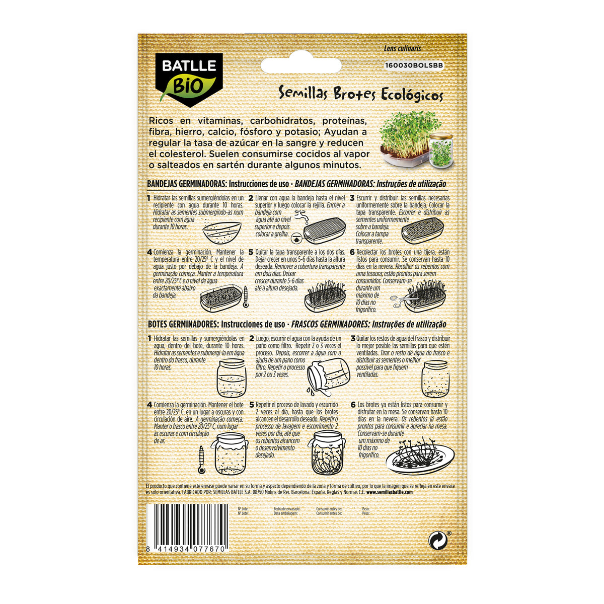 Sementes de lentilhas biológicas Batlle para rebentos