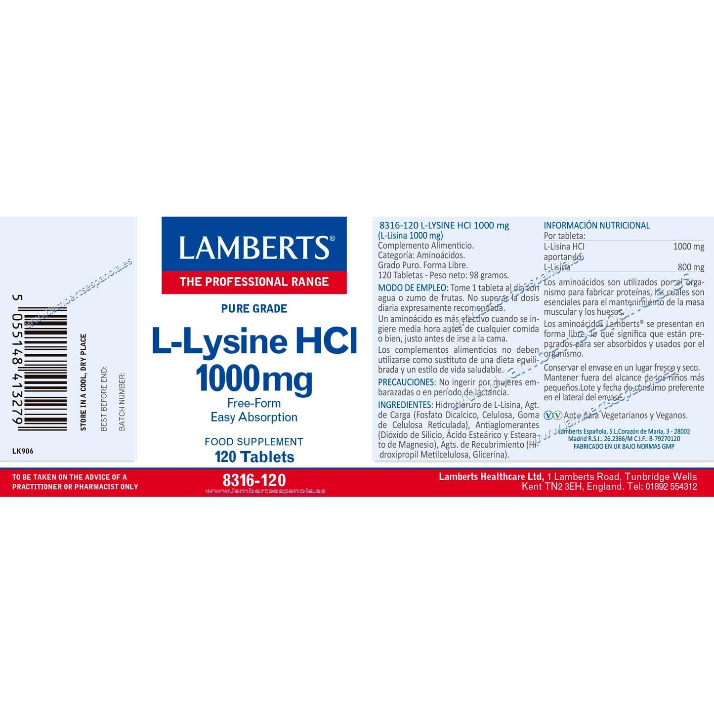 L-Lisina 1000 mg Lamberts, 120 comprimidos