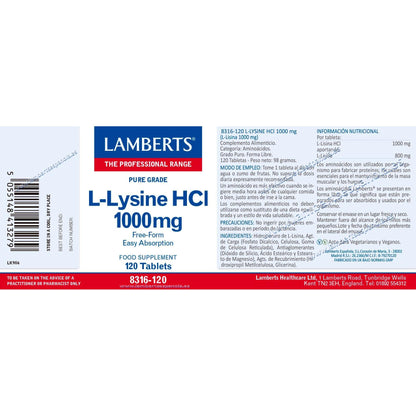 L-Lisina 1000 mg Lamberts, 120 comprimidos