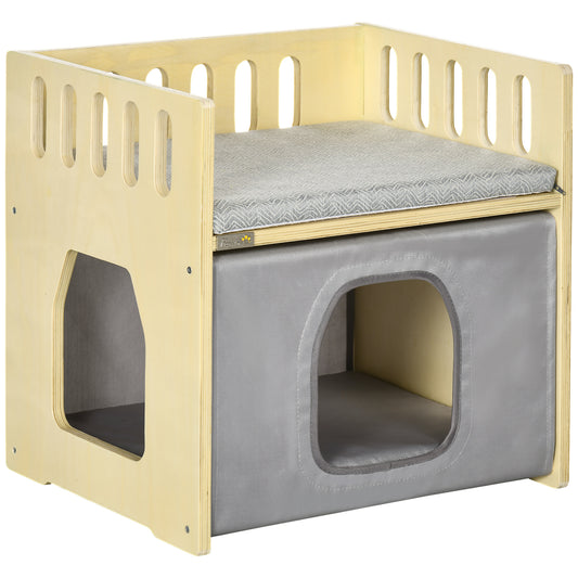Pawhut Cama Para Gatos Madera Con 2 Cojines Cubierta De Tela Oxford 48x38x47 Cm_0