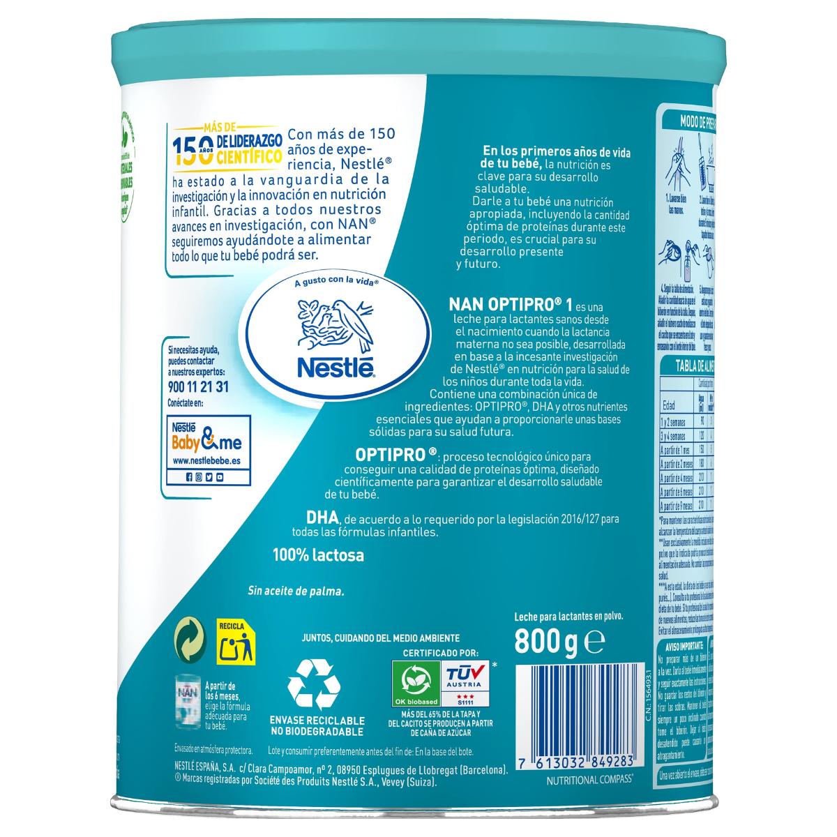 Leite de arranque Nan Optipro 1 desde o primeiro dia Nestlé 800 g