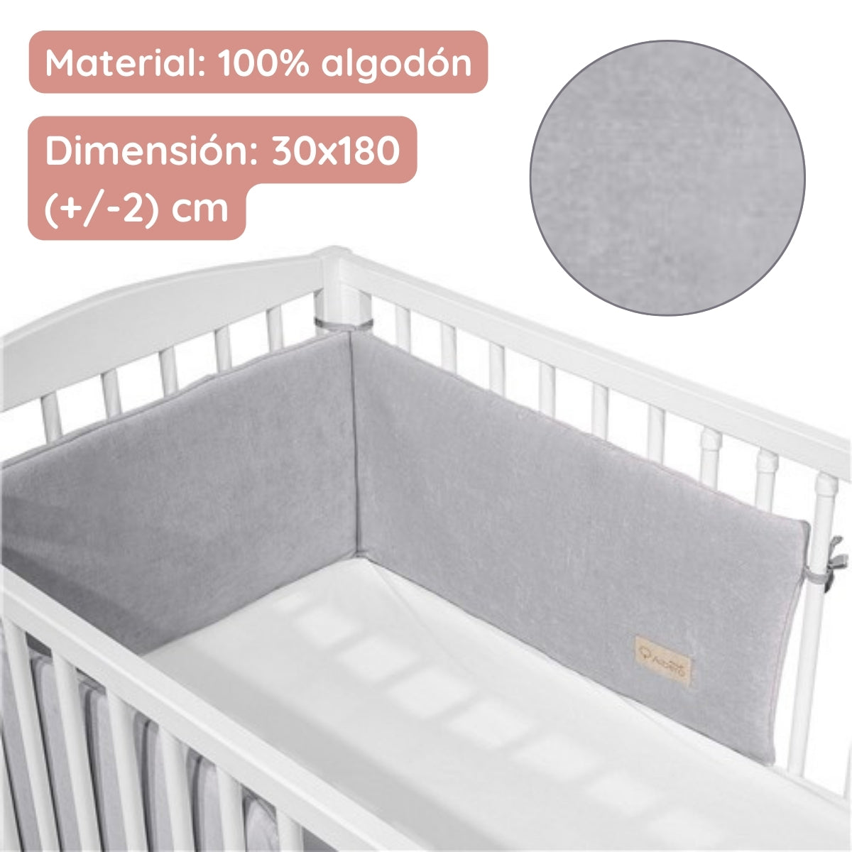 Chichonera Para Cuna 180x30 Velour Algodón Gris_2