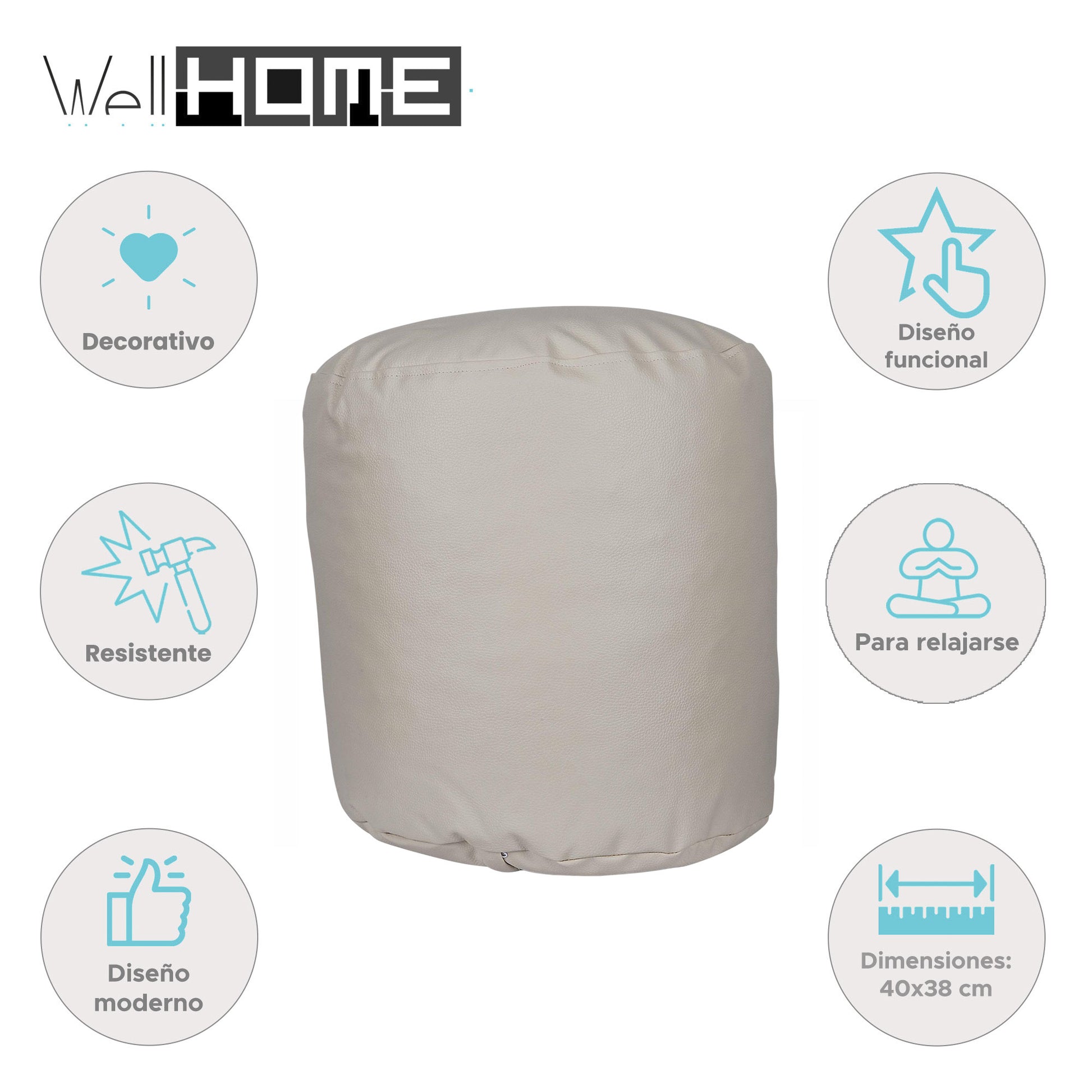 Well Home Puff Redondo Ø40x38cm Color Crudo Beige - Asiento Acolchado Y Cómodo_1