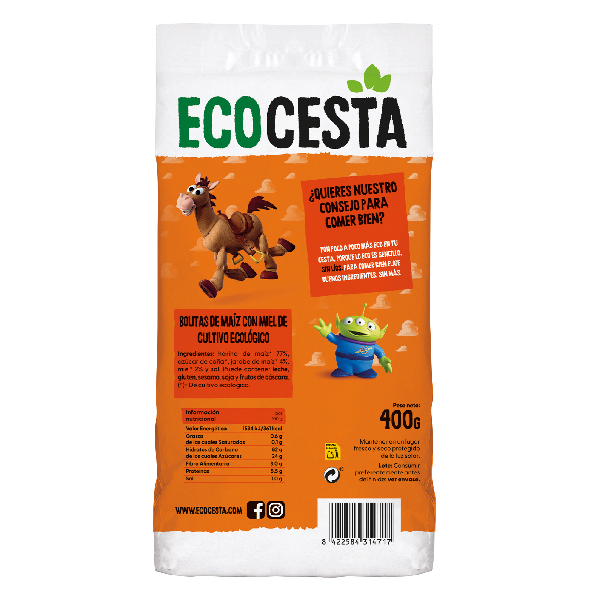 Bolas de milho biológicas para crianças com mel, edição Disney, Ecocesta, 400 g