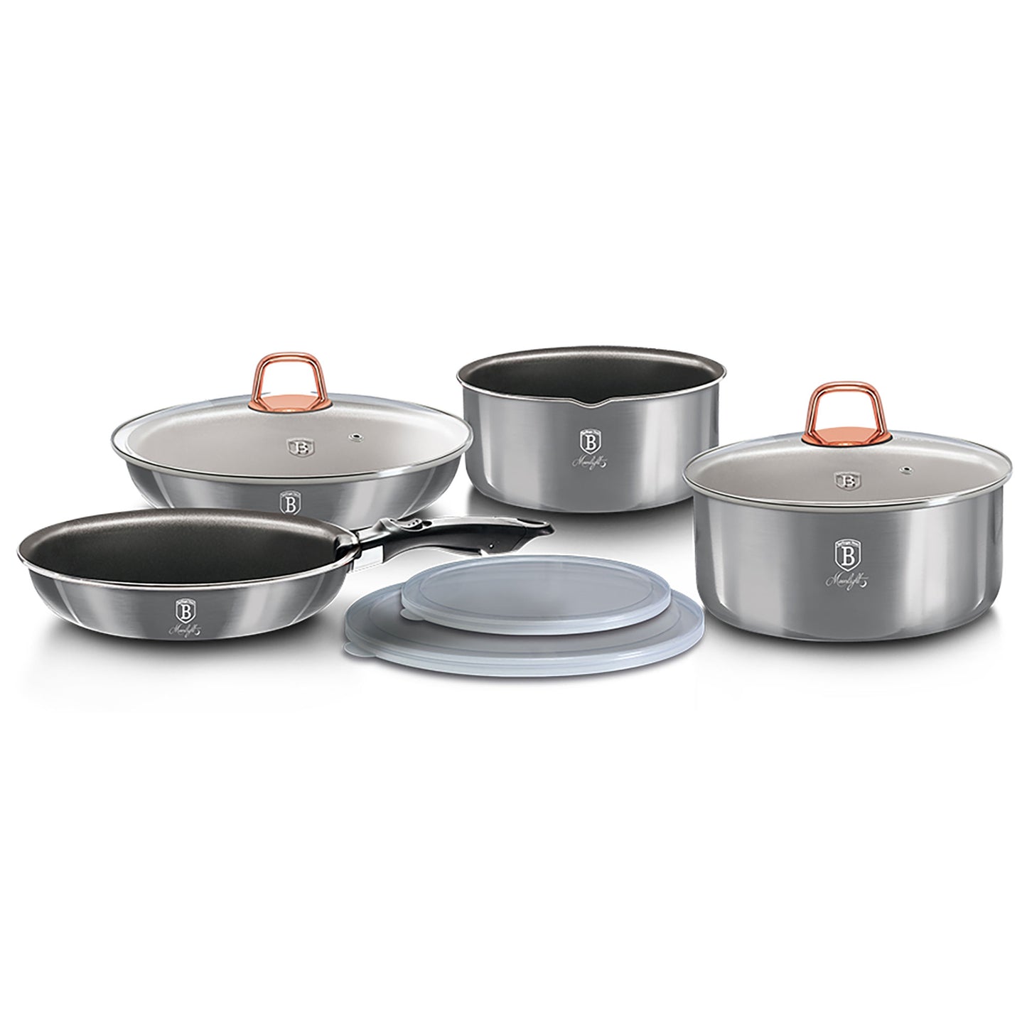 Batería De Cocina Aluminio Forjado 9 Piezas, Inducción, Asa Extraíble, Cazuelas Apilables Tapas Berlinger Haus Moonlight Gris_4