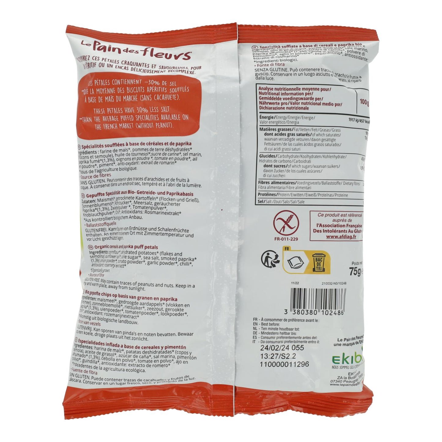 Chips de pétalas de pimentão sem glúten biológico Le Pain des Fleurs 75 g