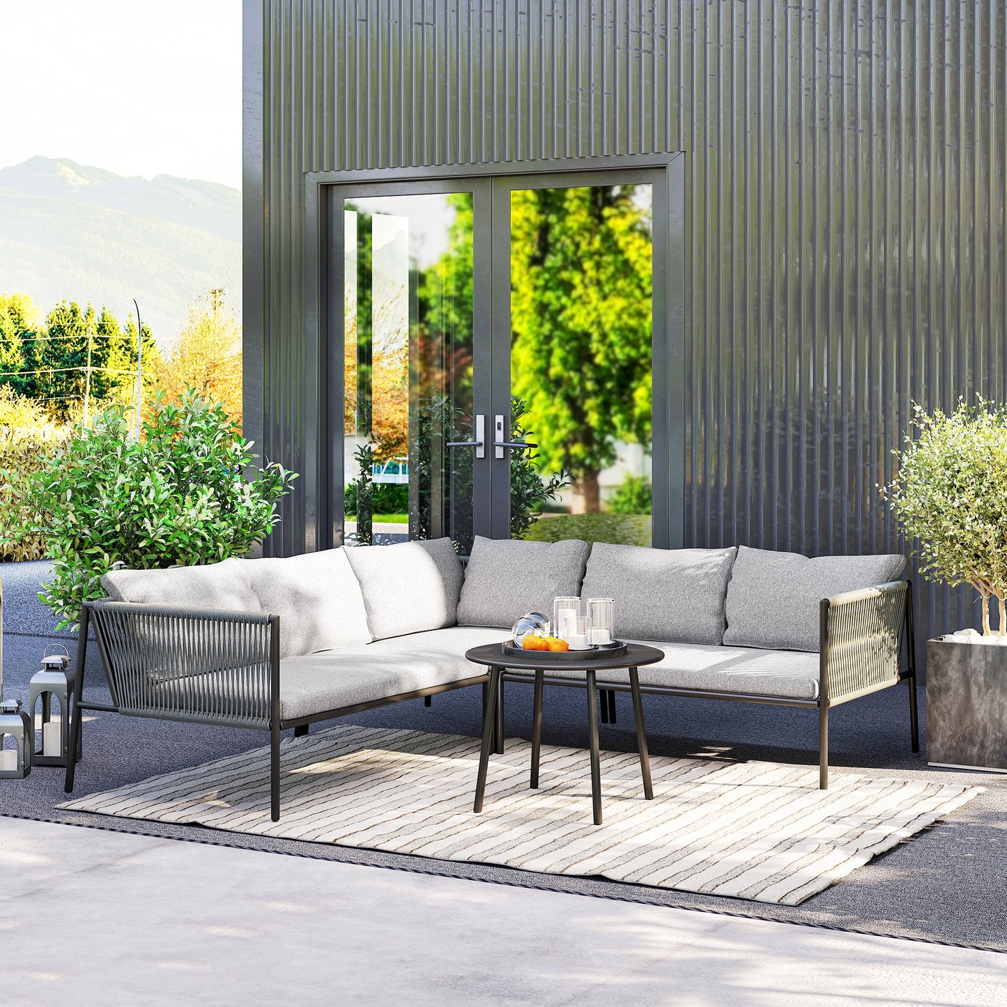 Outsunny Conjunto Jardín De Ratán Con 2 Sofás De 2 Plazas Sofá Esquina Mesa Gris_4