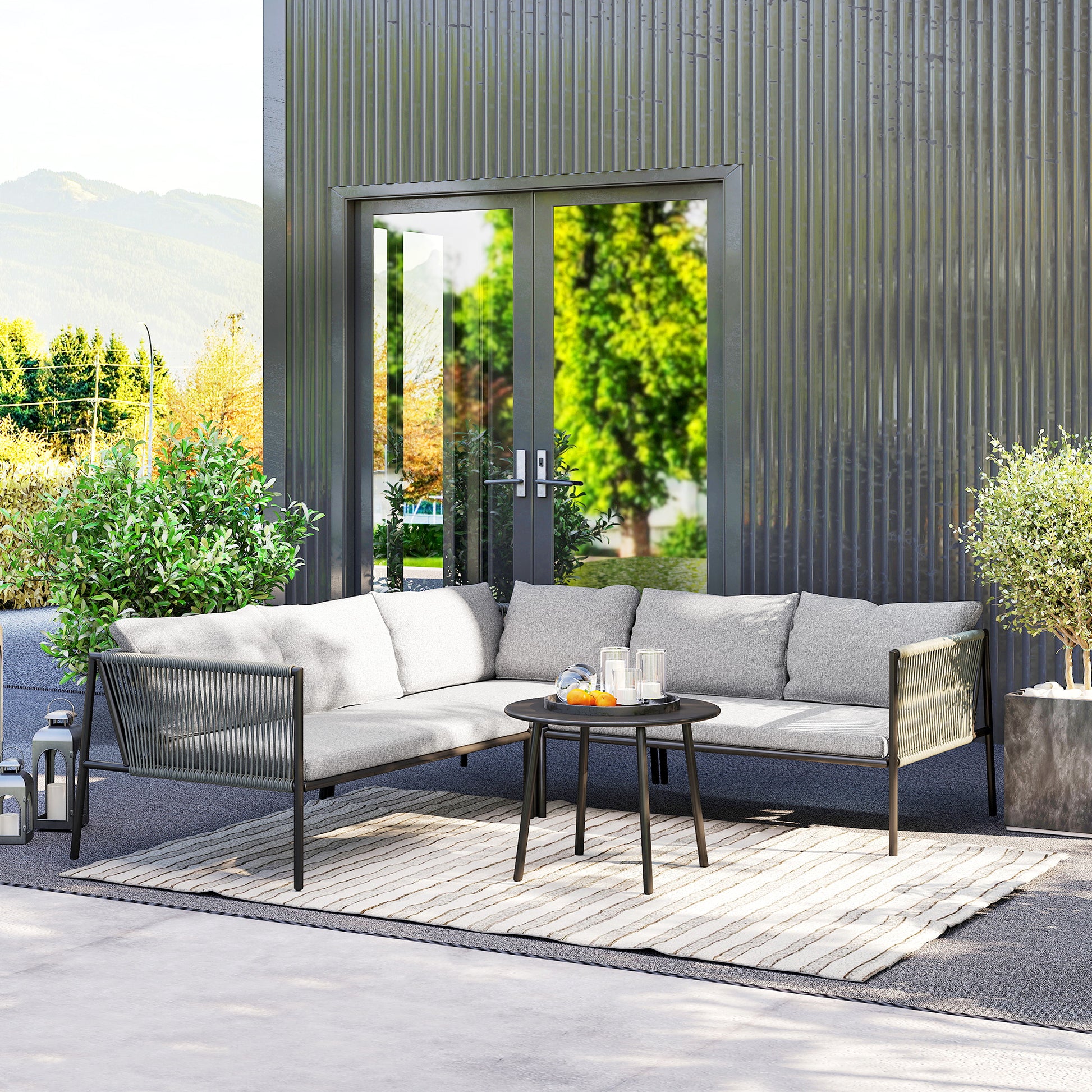 Outsunny Conjunto Jardín De Ratán Con 2 Sofás De 2 Plazas Sofá Esquina Mesa Gris_4