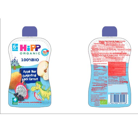 Saquetas Maçã, Pêra, Pitaya e Groselha Bio +6 meses HiPP 100 g