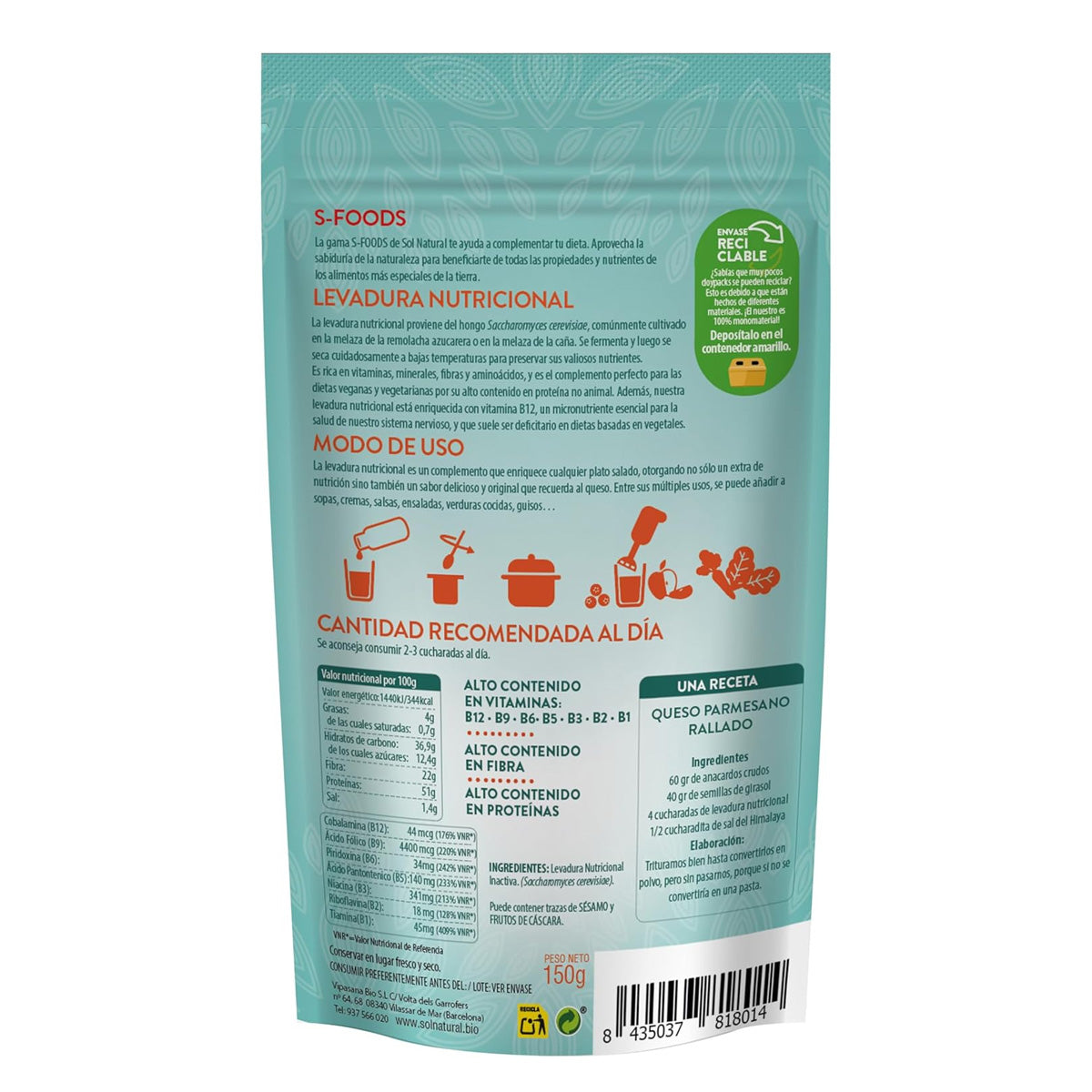 Levedura nutricional com vitamina B12 Sol Natural 150g