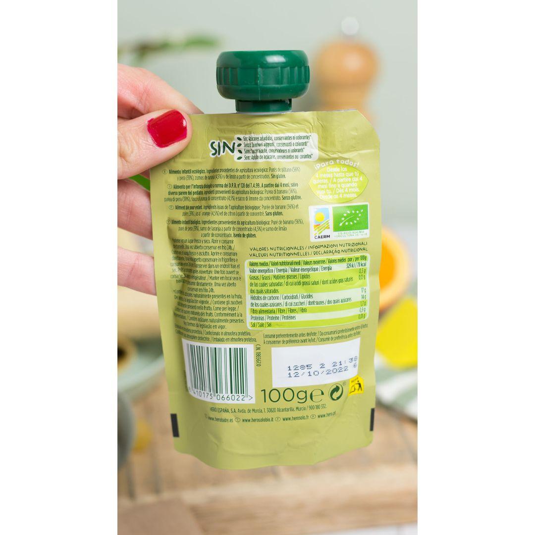 Saco de Fruta 100% Biológica Sabor Banana, Pêra e Laranja 100g - Hero Solo
