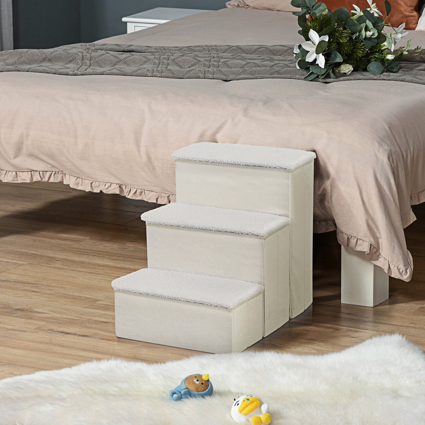 Escalera Para Mascotas 3 Peldaños Plegable Con Tapas Abatibles 40x54x48cm Blanco_1