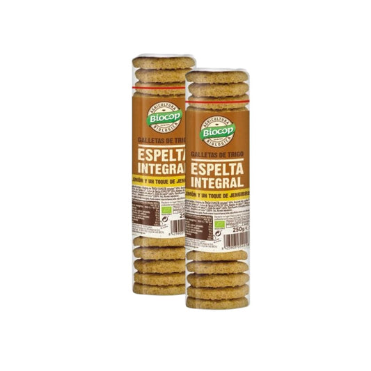 Embalagem de 2 bolachas integrais de espelta, gengibre e limão Biocop 250g
