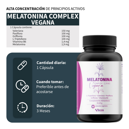 Melatonina Complex Vegana Vecos 90 Cápsulas | Dormir Mejor Y Relajación | Valeriana, Triptófano Y Melatonina_2