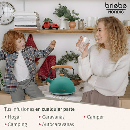 Briebe Tetera Con Silbato, Hervidor De Agua 2,3l, Inducción, Acero Inox, Vintage, Mango Madera, Nordic, Verde_4