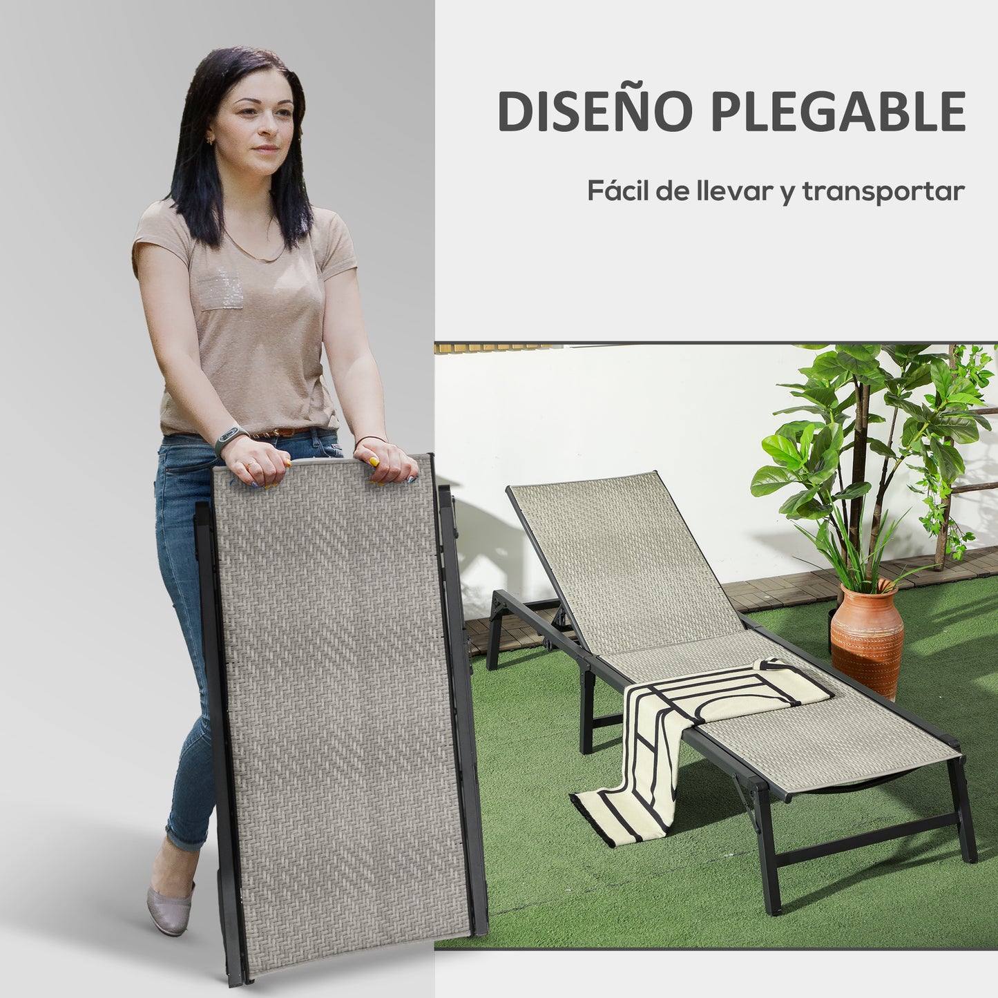 Outsunny Tumbona De Ratán Reclinable Plegable Con Respaldo Ajustable Gris Claro_5