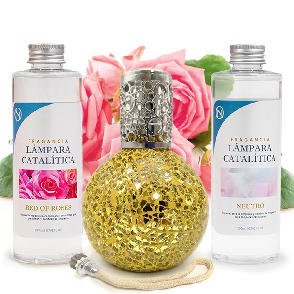 Pack Ahorro Lámpara Catalítica Mosaico Dorado + Fragancia Bed Of Roses 500ml + Limpiador Neutro 200ml + Mecha Repuesto_0