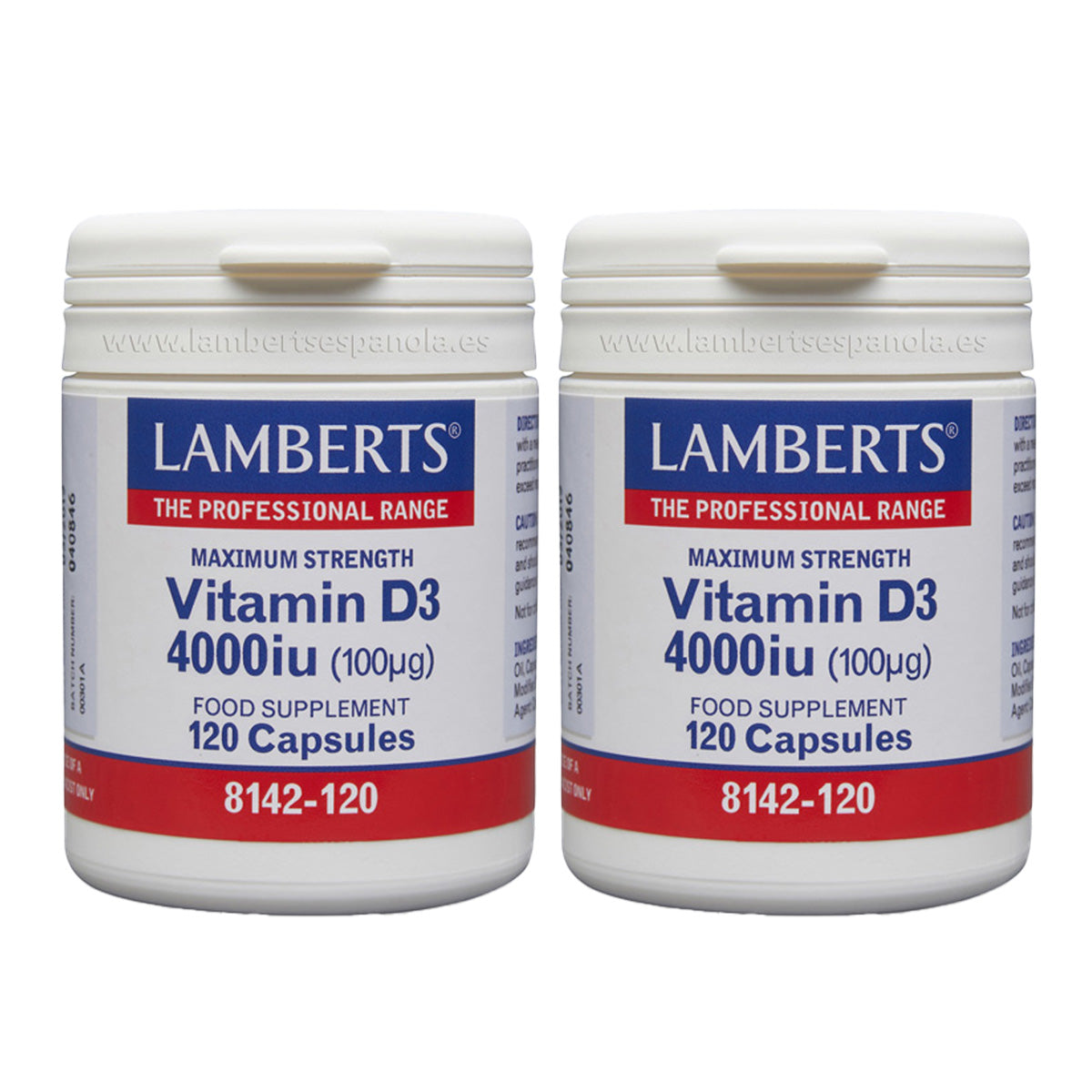 Embalagem 2x Vitamina D3 4000UI (100 µg) Lamberts, 120 cápsulas