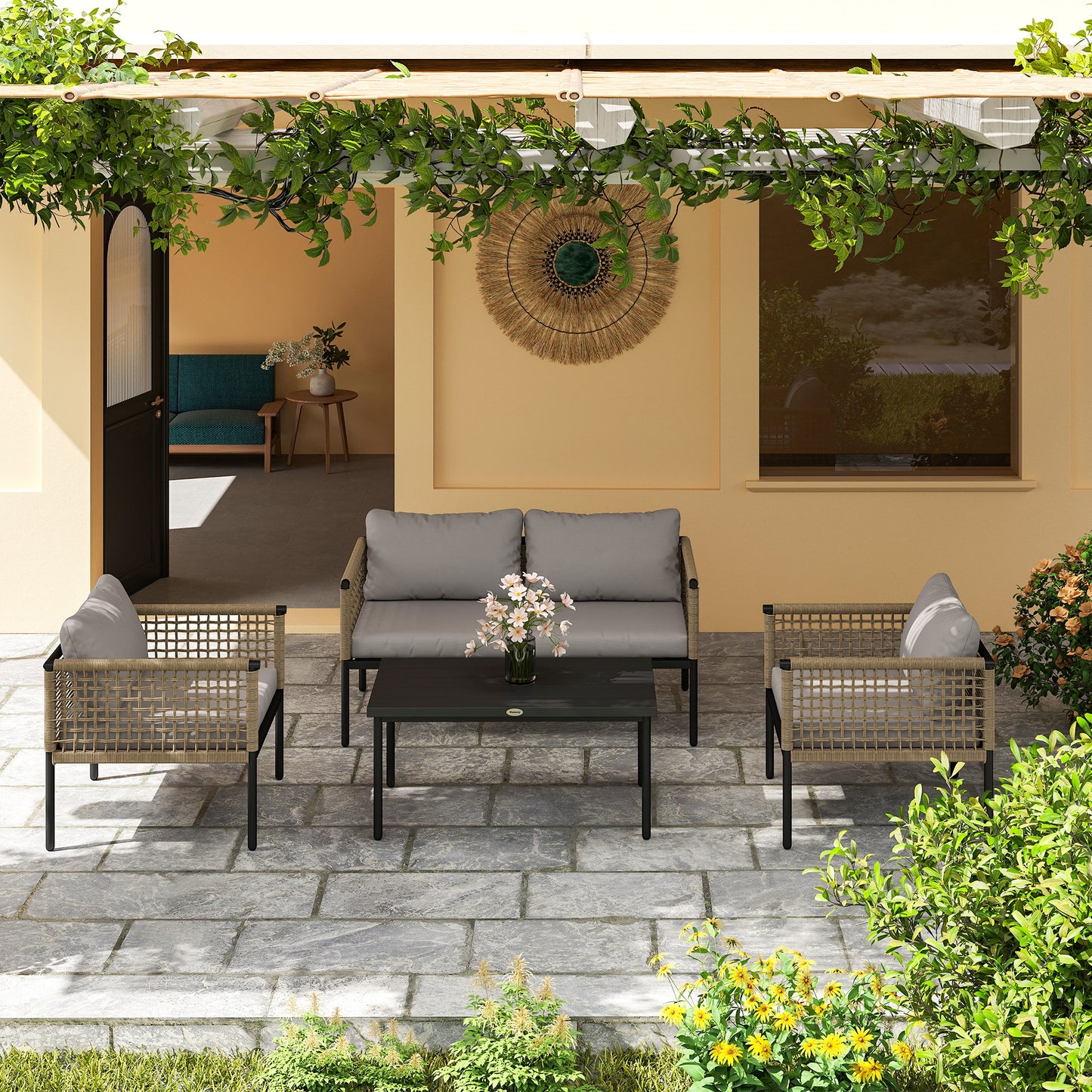 Outsunny Conjunto De Jardín De Ratán Sintético De 4 Piezas Natural Y Gris_4