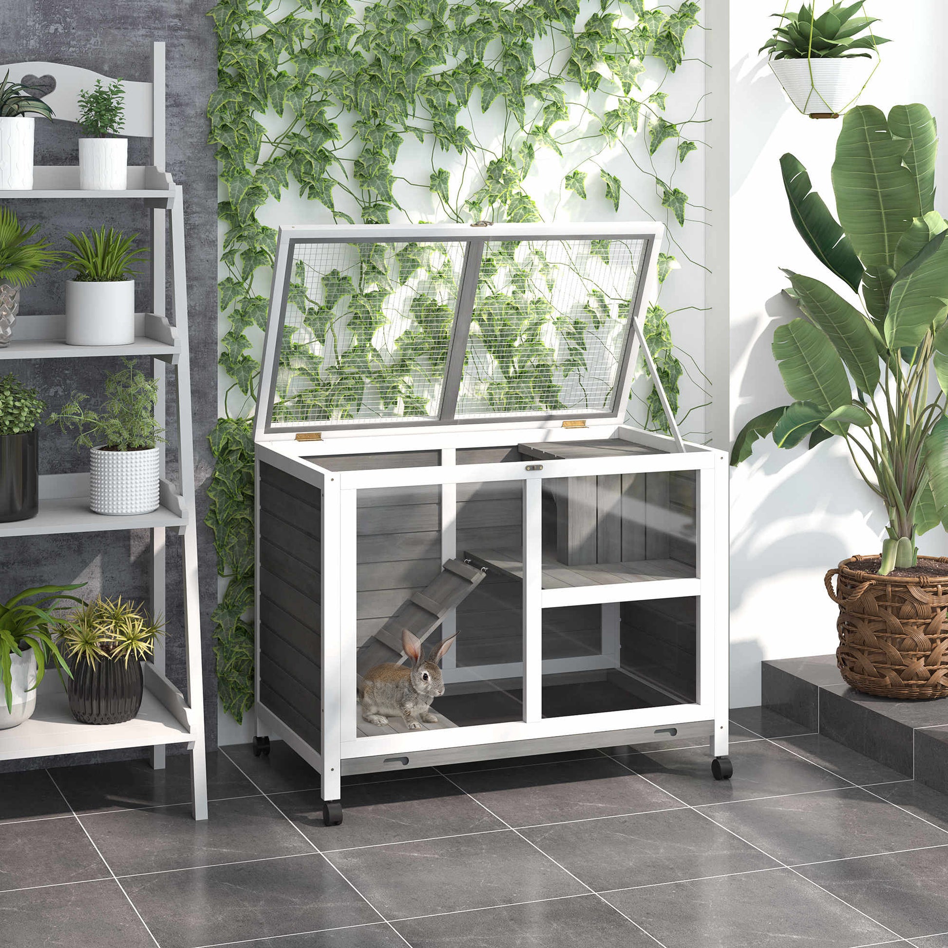 Pawhut Conejera De Madera Con Ruedas 91,5x53,3x73 Cm Techo Abatible Bandeja_1