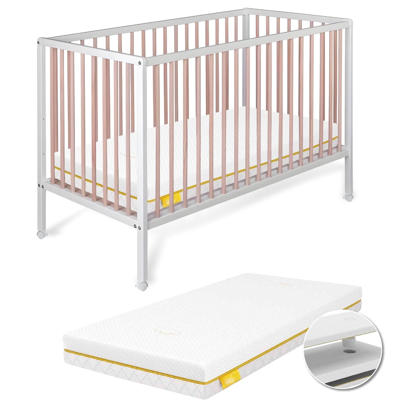 Cuna Laponia Estilo Nórdico Infantil Natural 120x60 Cm Madera De Haya Con Colchón Ternum Y 4 Ruedas Con Freno_0