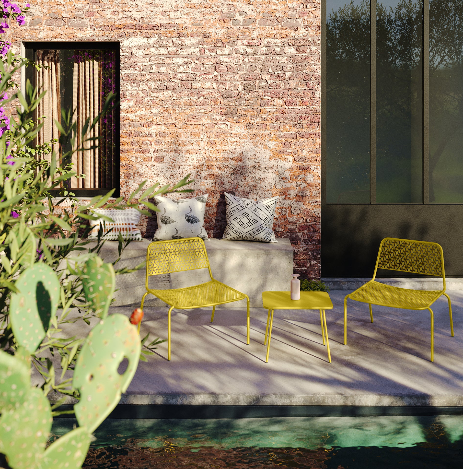 Sakura Set De Jardín De 2 Plazas De Acero Amarillo Solar 2 Sillones + 1 Mesa - Mobiliario De Jardín_4