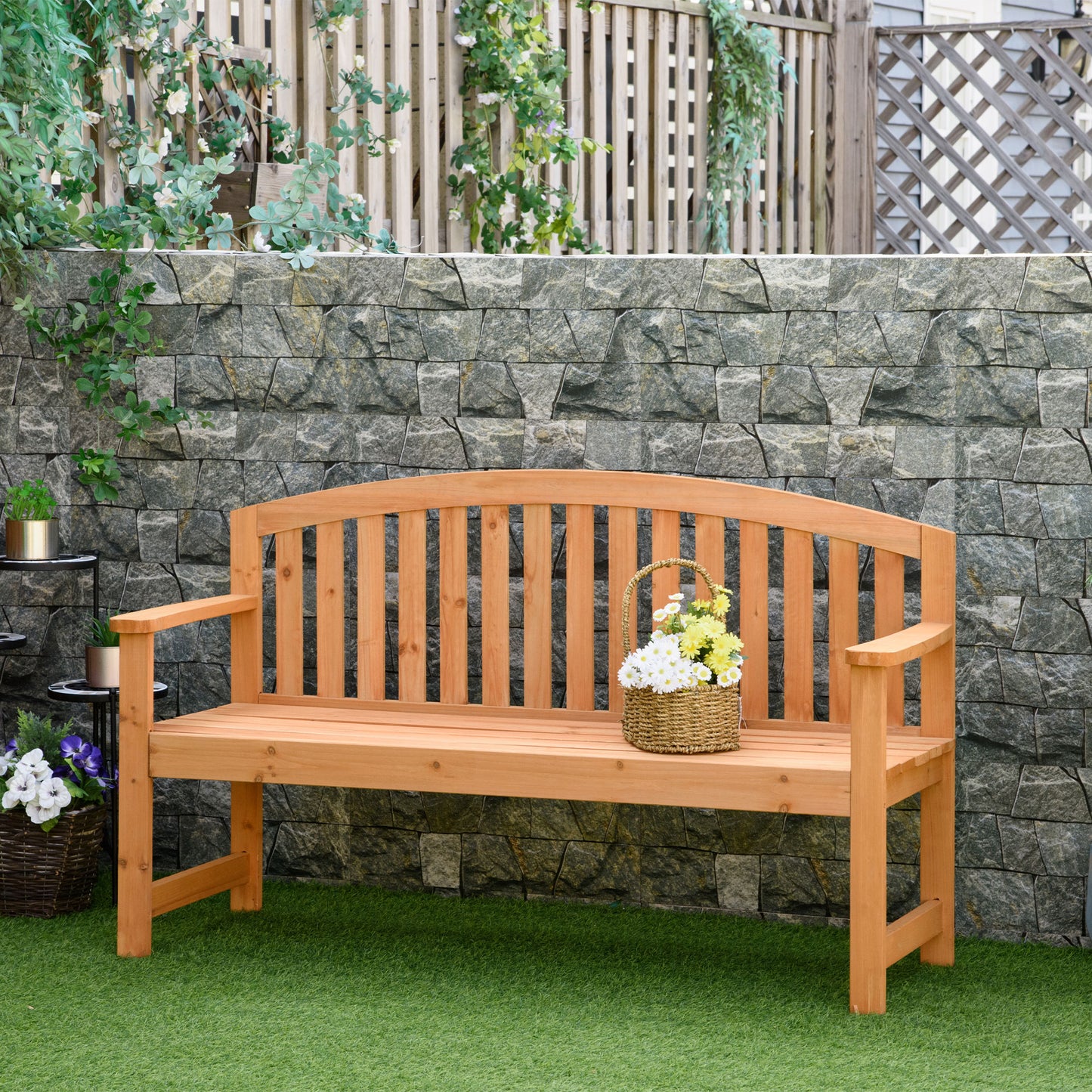 Outsunny Banco De Jardín De 2 Plazas Madera Con Reposabrazos Carga 320kg Natural_1