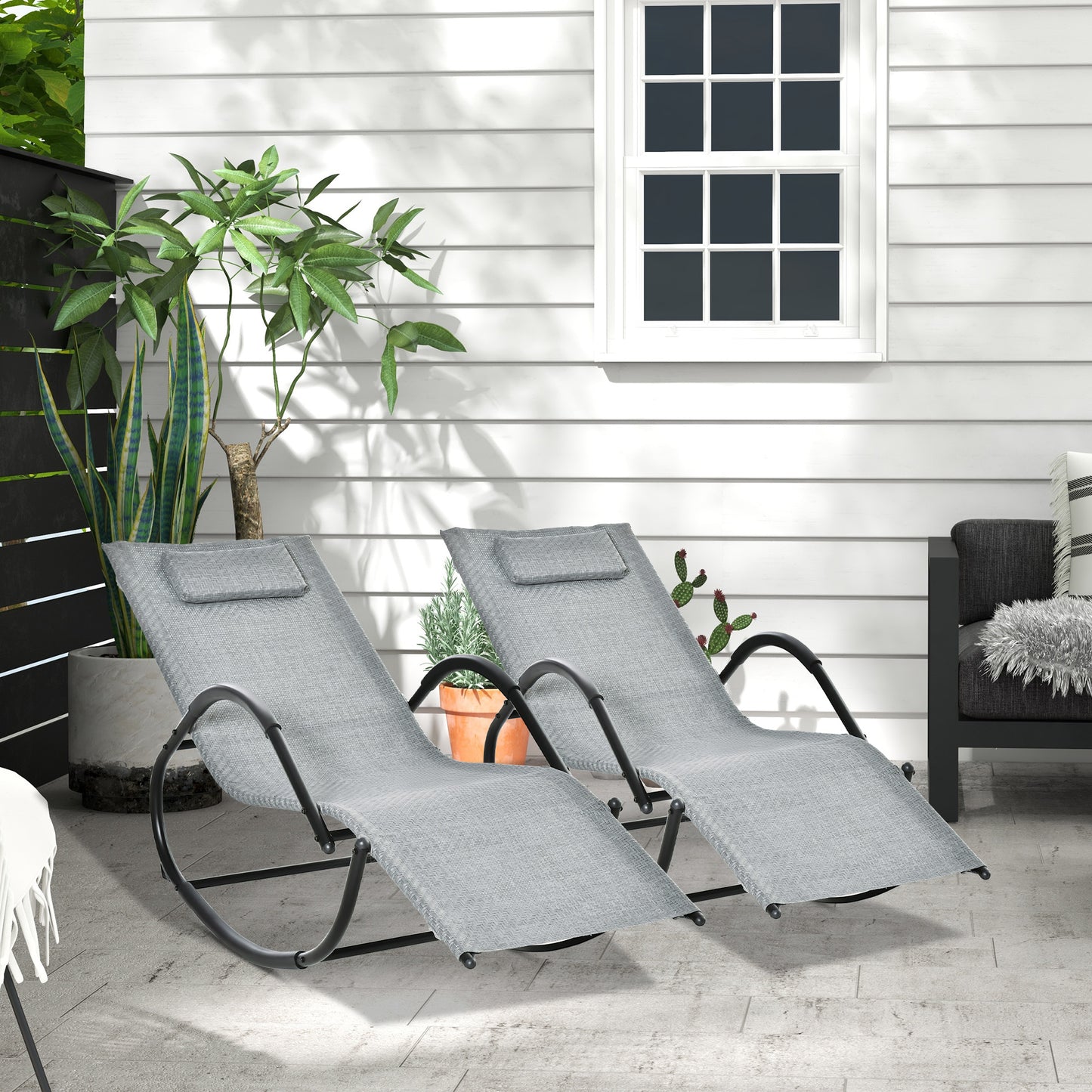 Outsunny Conjunto De 2 Mecedoras De Exterior Con Reposacabezas 160x61x79 Cm Gris_1