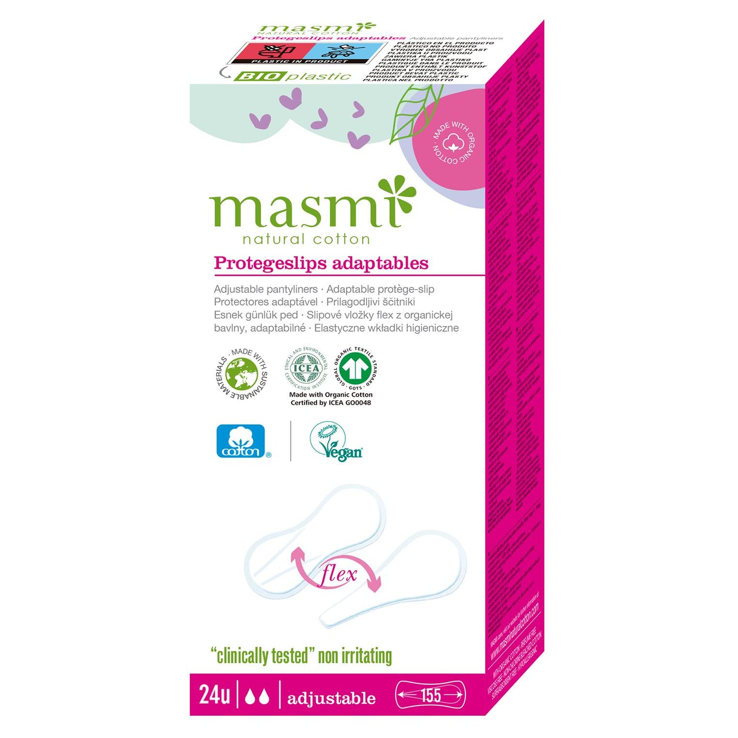 Protetores diários adaptáveis ​​Flex tanga/algodão normal ECO Masmi 24 unidades
