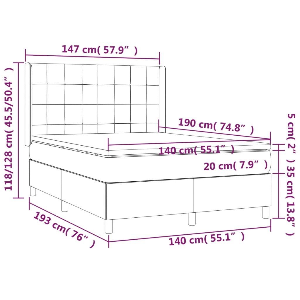 Cama Box Spring Colchón Y Luces Led Tela Gris Claro 140x190 Cm / Vetonek_1