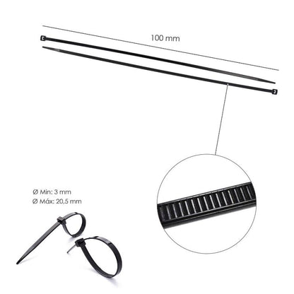 Brida Nylon 100%. Color Negro 2,5 X 100 Mm. Bolsa 100 Unidades. Abrazadera Plastico, Organizador Cables, Alta Resistencia