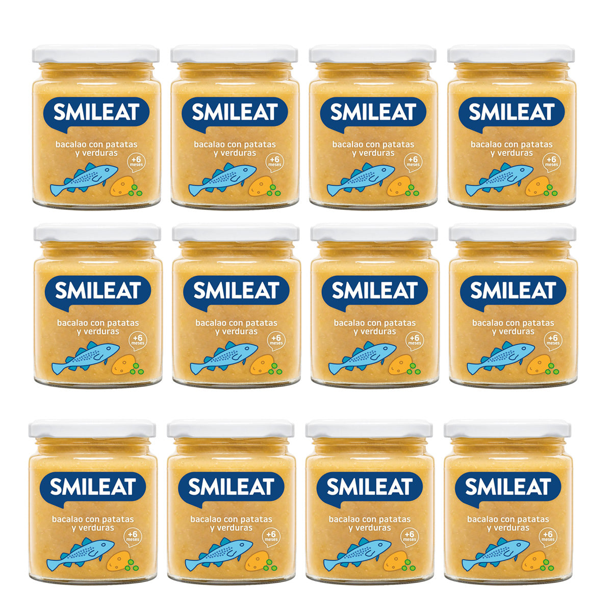 Embalagem de 12 frascos de legumes biológicos com bacalhau, 230g