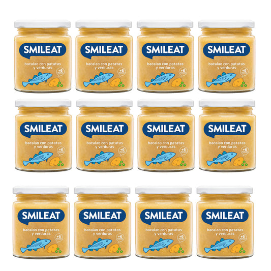 Embalagem de 12 frascos de legumes biológicos com bacalhau, 230g