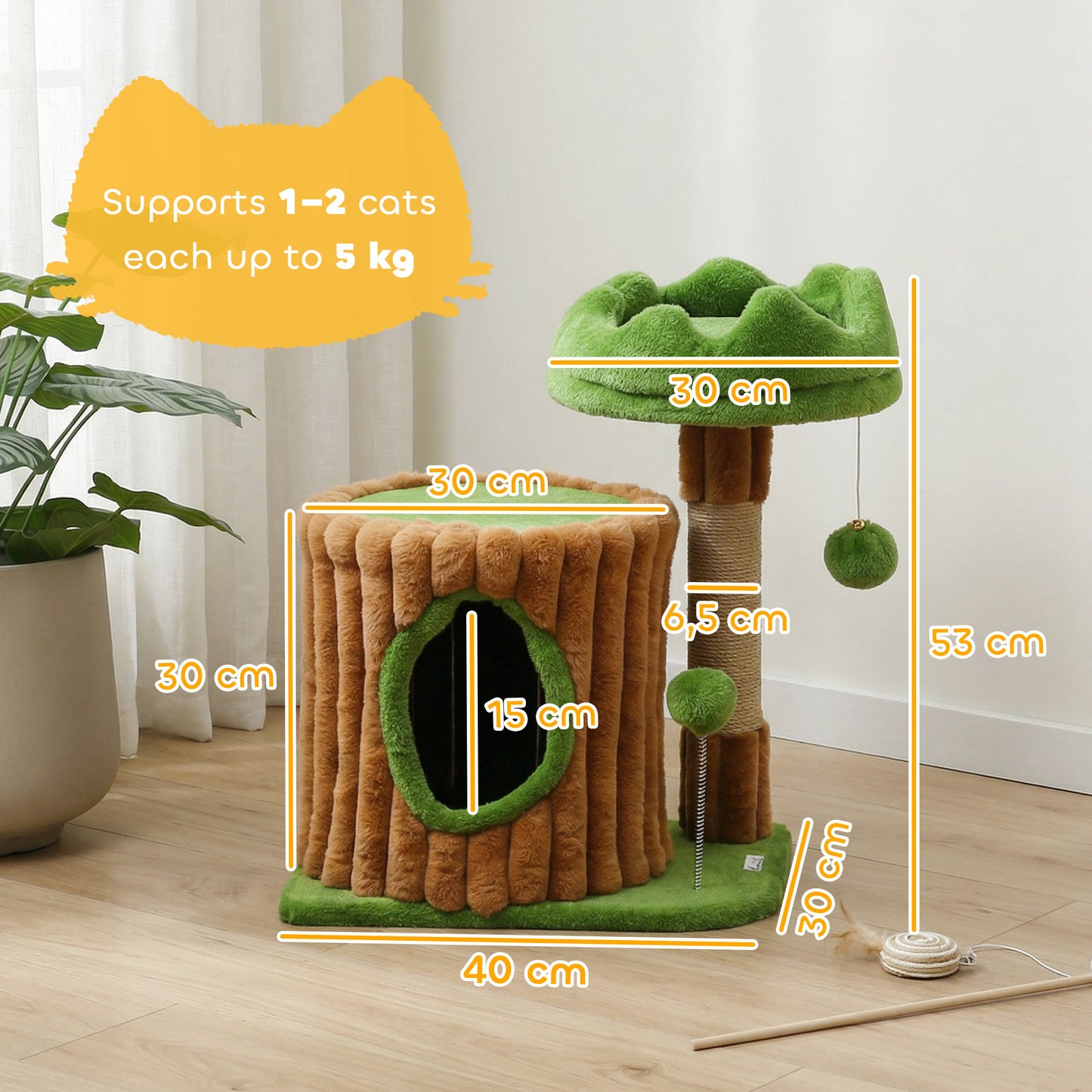 Pawhut Árbol Rascador Para Gatos 53 Cm Casita Cama Poste Bolas Marrón Y Verde_2