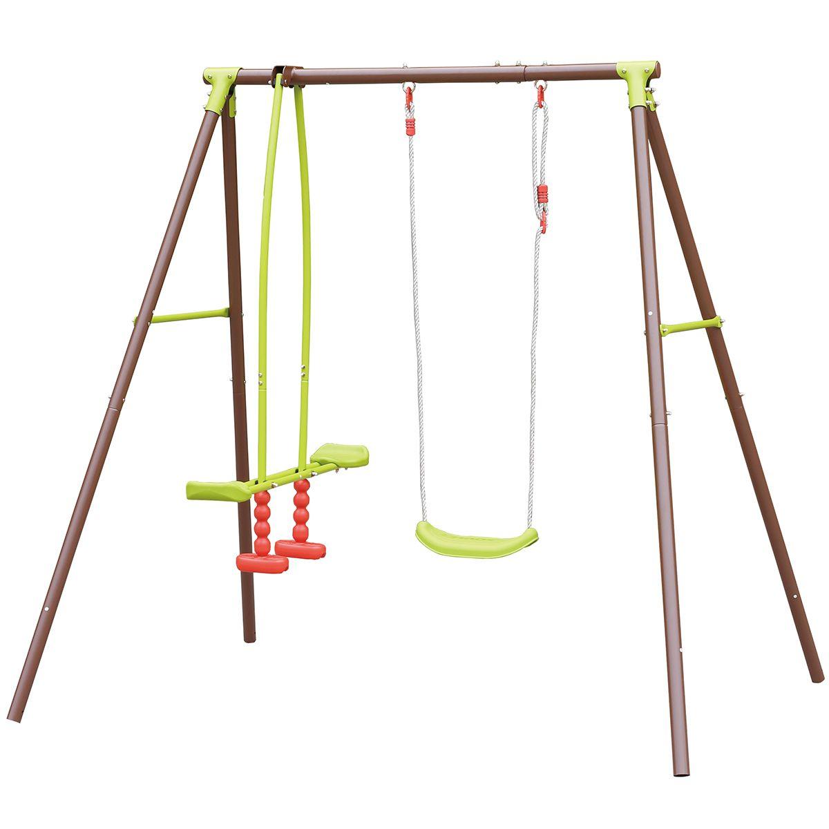 Baloiço e gangorra em aço castanho e verde da Malo Soulet 