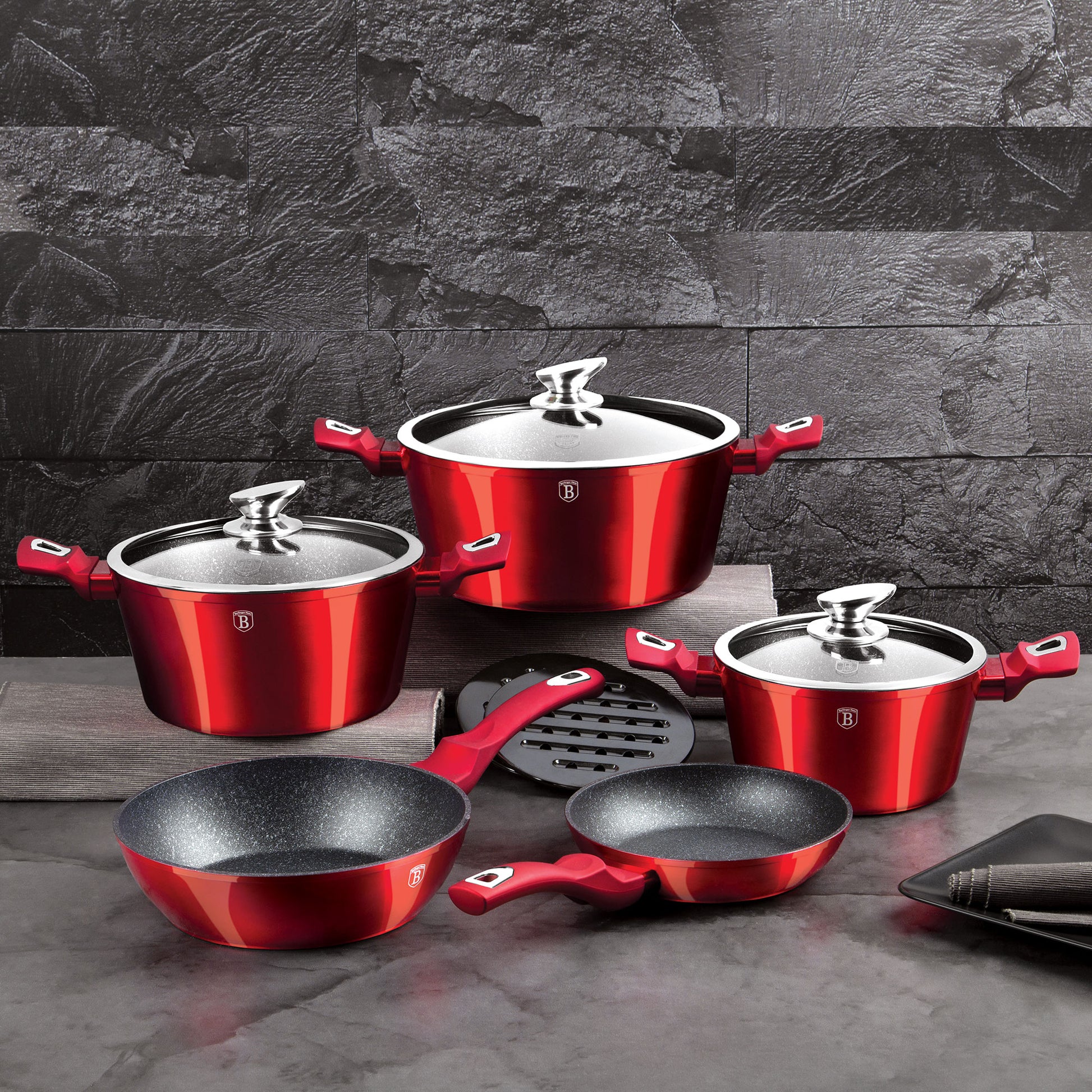 Batería Cocina Inducción 10 Piezas, Antiadherente Mármol Sin Pfoa, Aluminio, Cazuelas Sartenes Berlinger Haus Burgundy Rojo_1
