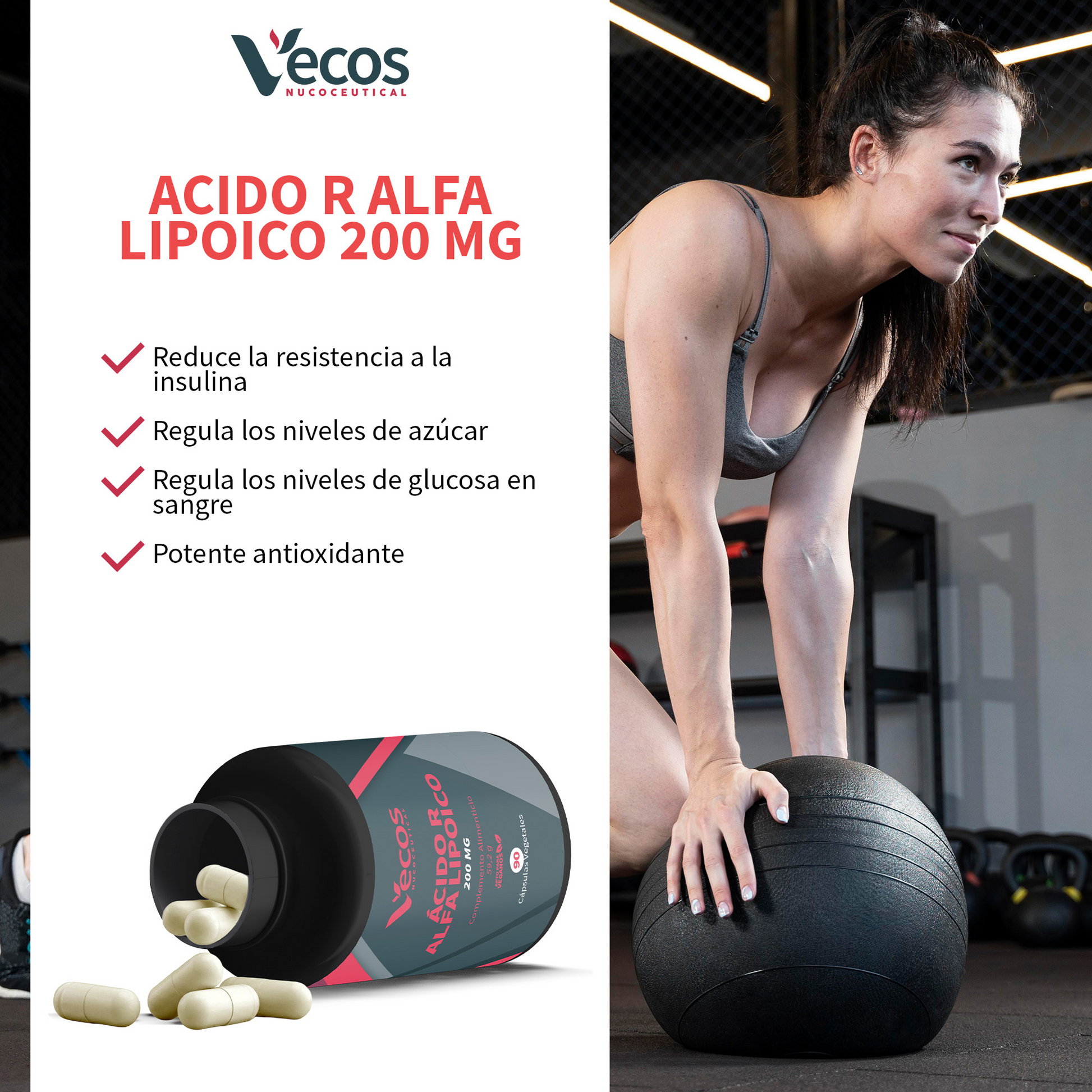 Ácido R Alfa Lipoico 200 mg VECOS (90 cápsulas) | Antiedad y antioxidante Natural | Con Vitamina C + Protector celular_3