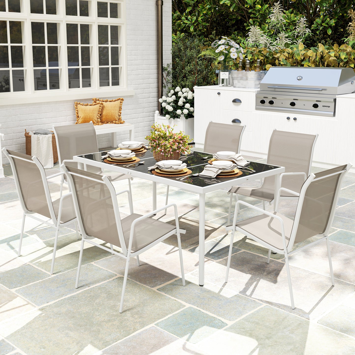 Outsunny Conjunto De Comedor De Exterior Con 1 Mesa Y 6 Sillas Blanco Y Gris_1