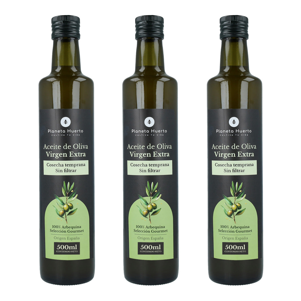 Embalagem de 3 azeites extra virgem verde não filtrado Planeta Huerto colheita precoce 500 ml