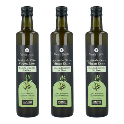 Embalagem de 3 azeites extra virgem verde não filtrado Planeta Huerto colheita precoce 500 ml