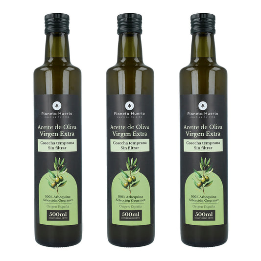 Embalagem de 3 azeites extra virgem verde não filtrado Planeta Huerto colheita precoce 500 ml