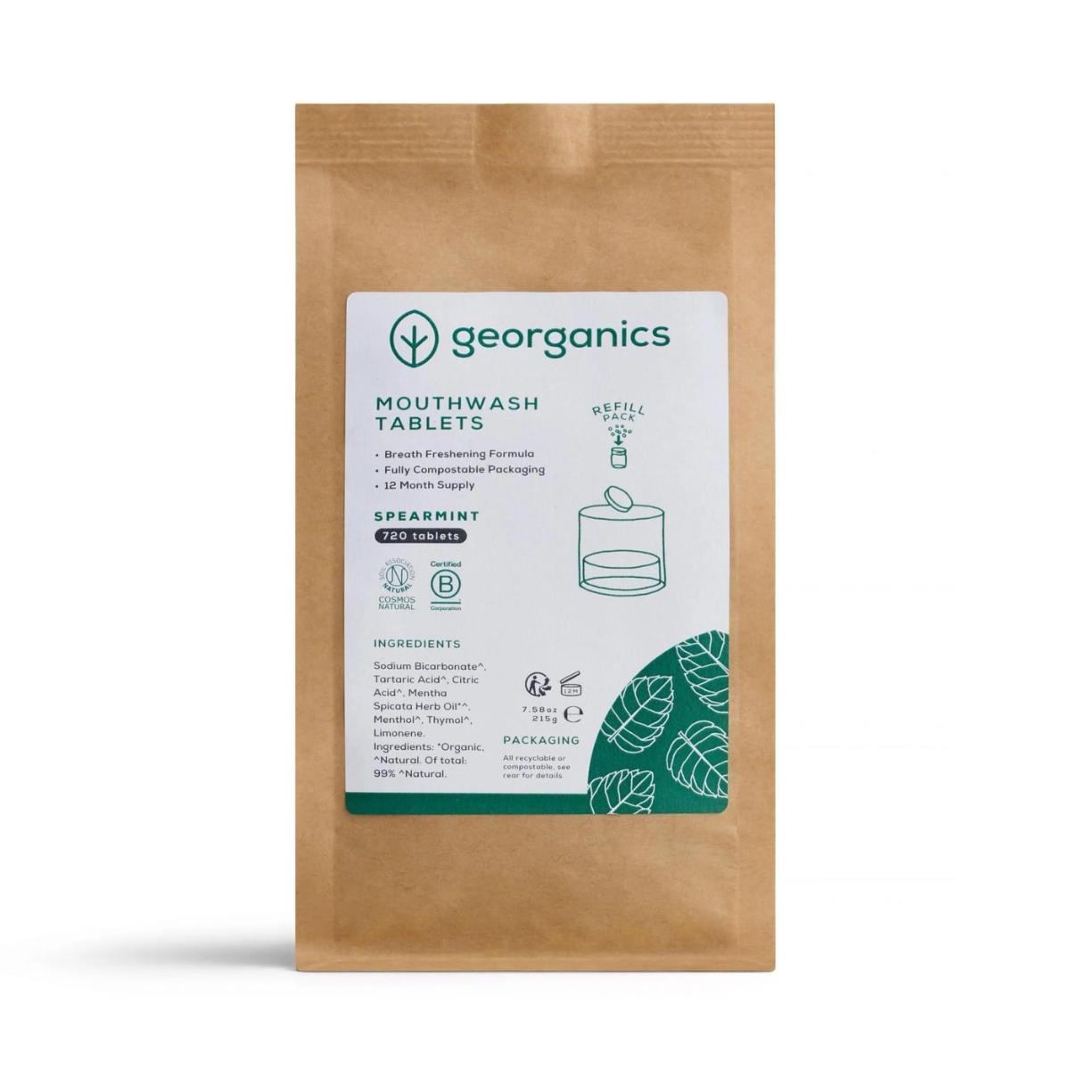 Recarga de comprimidos para elixir bucal de hortelã-pimenta, Georganics 180 - 720 unidades