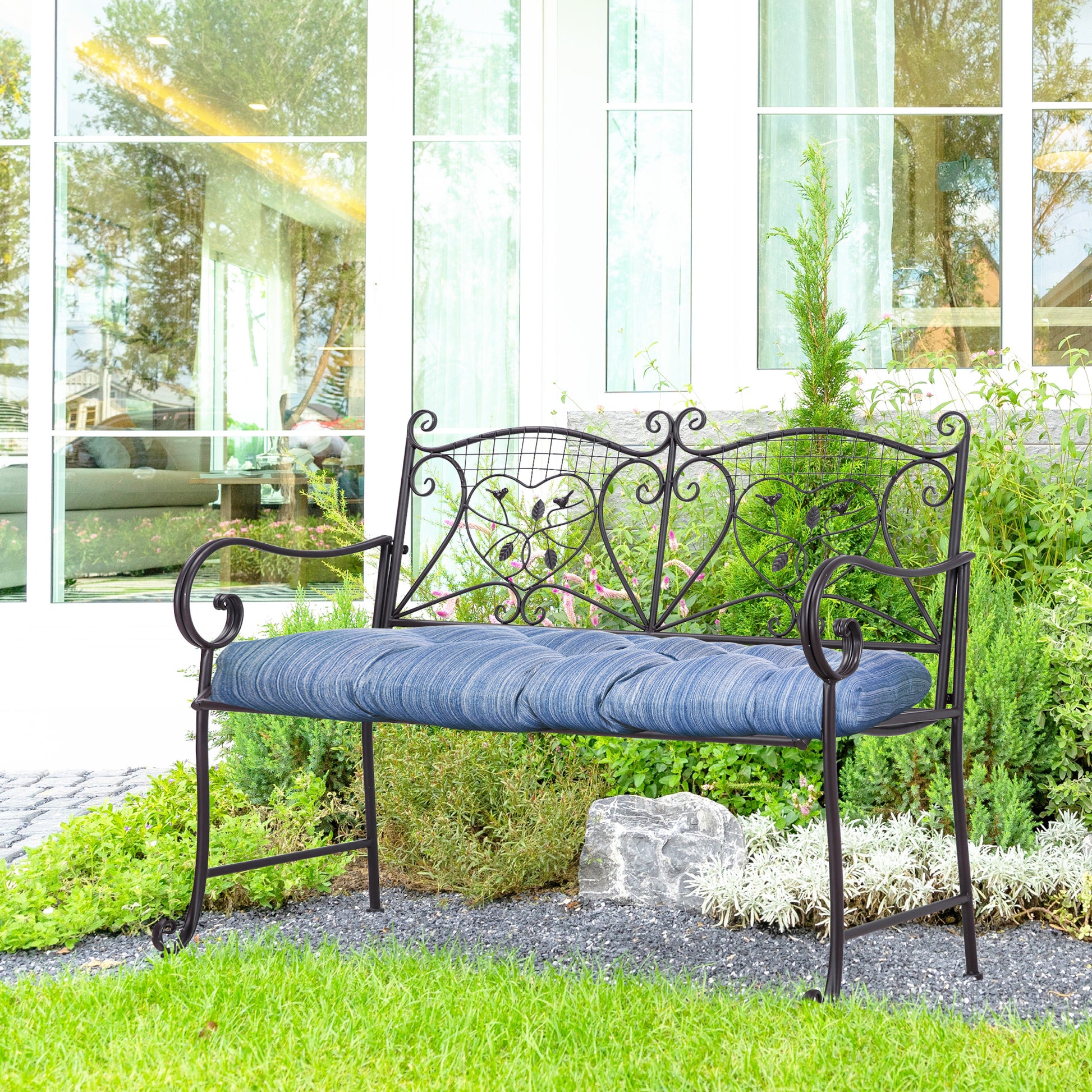 Outsunny Cojín Para Banco De 2 Plazas 110x48x8cm Para Interiores Exteriores Azul_1