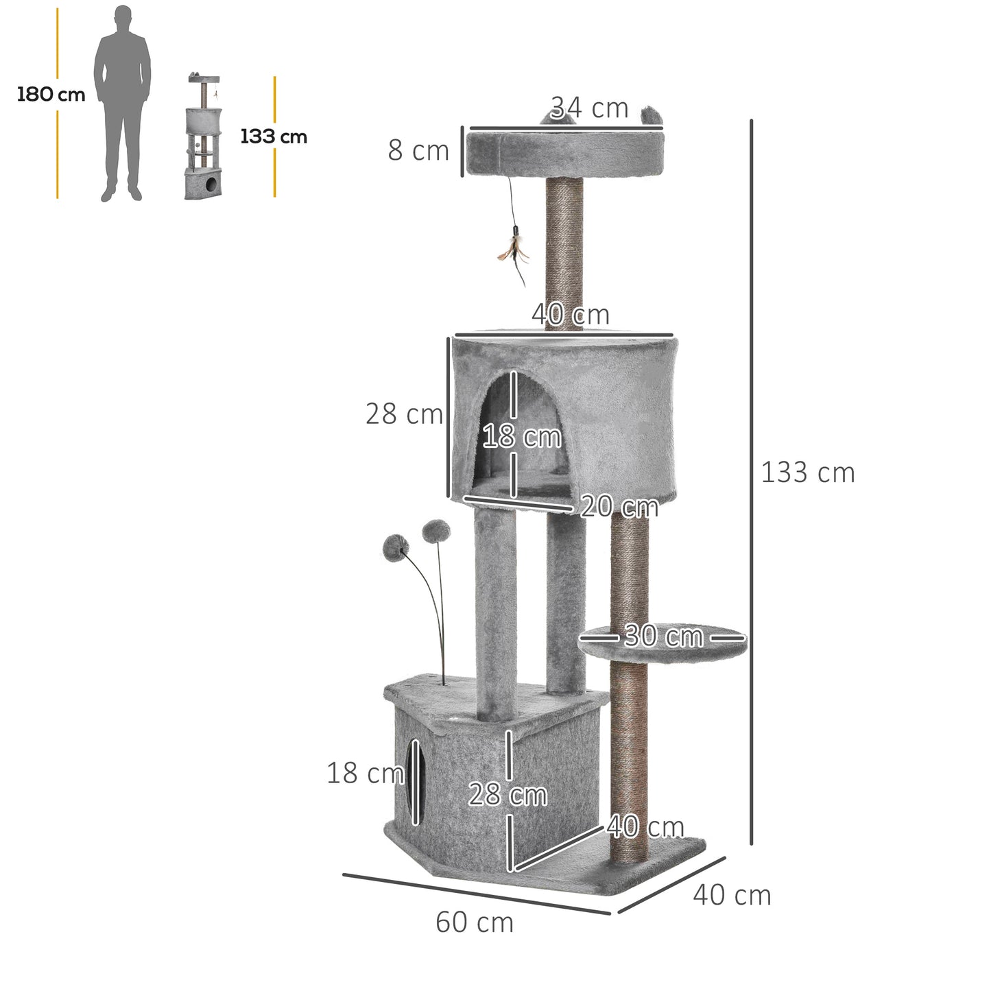 Pawhut Árbol Rascador Para Gatos 60x40x133cm Con Nido Cueva De Fieltro Extraíble_2